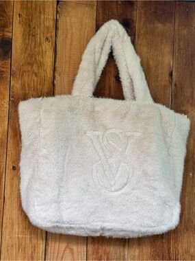 Plush Faux-Fur Victoria Secret Tote Bag in Light Cream with Embossed Logo